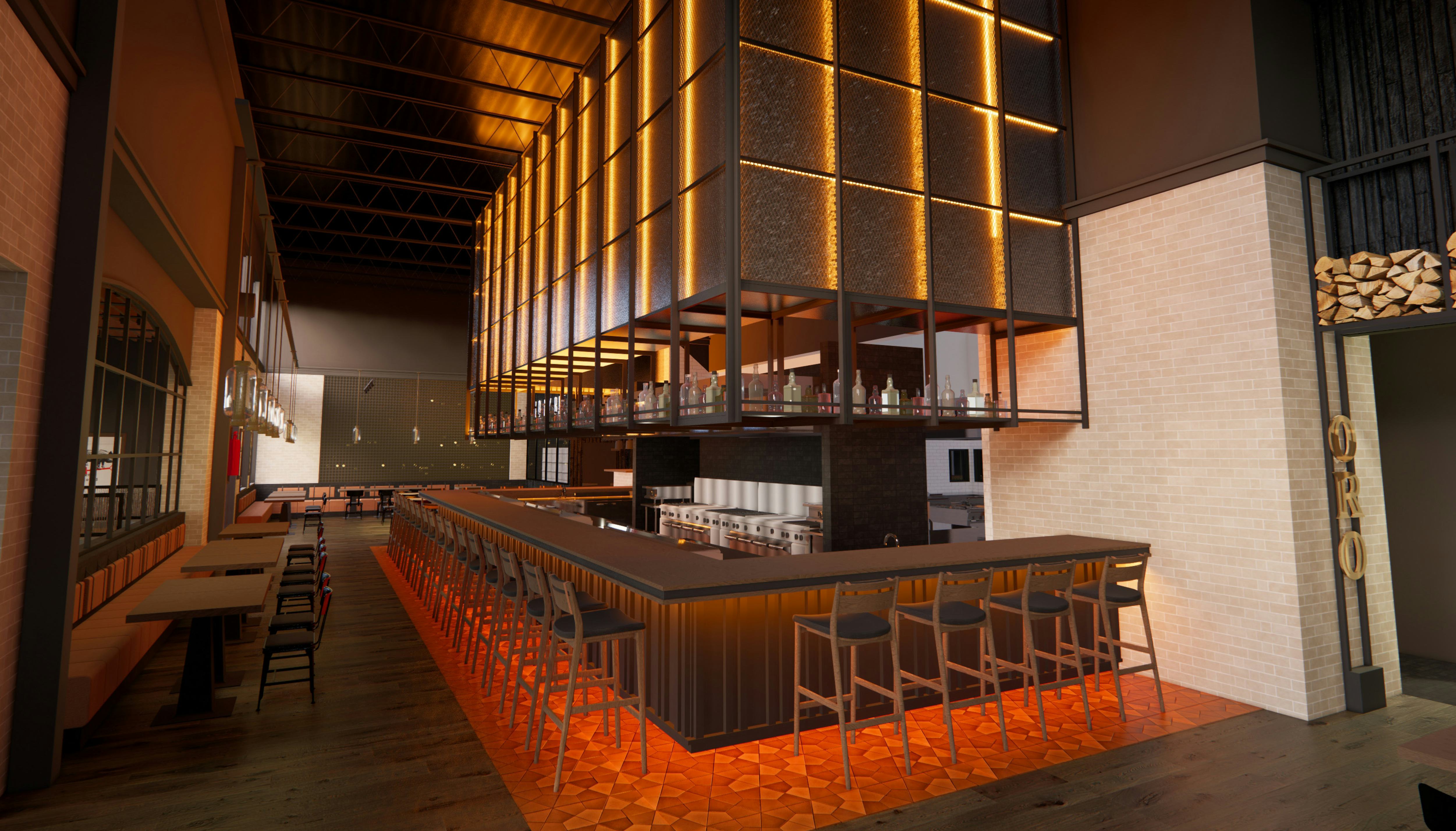 A rendering of the inside of the future Pyro restaurant. A long, wrap-around bar, with orange underlighting, warm yellow lighting above, and chopped wood decor.